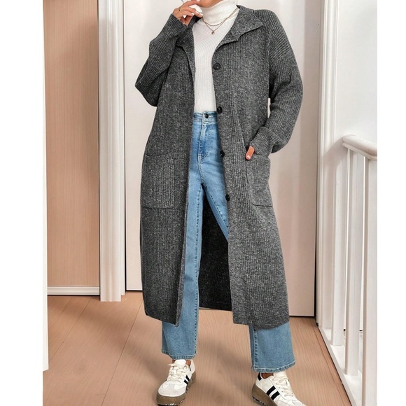 Plus Cozy Solid Button Down High Neck Pockets Oversized Cardigan - Picture 5 of 5